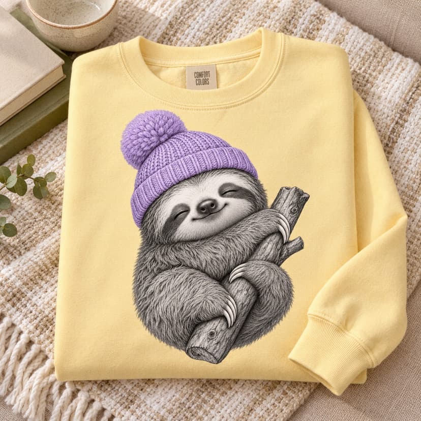 Cute Sleepy Sloth Sweatshirt with Lavender Beanie, Comfort Colors 1566 Fleece Crewneck, Cozy Animal Lover Gift