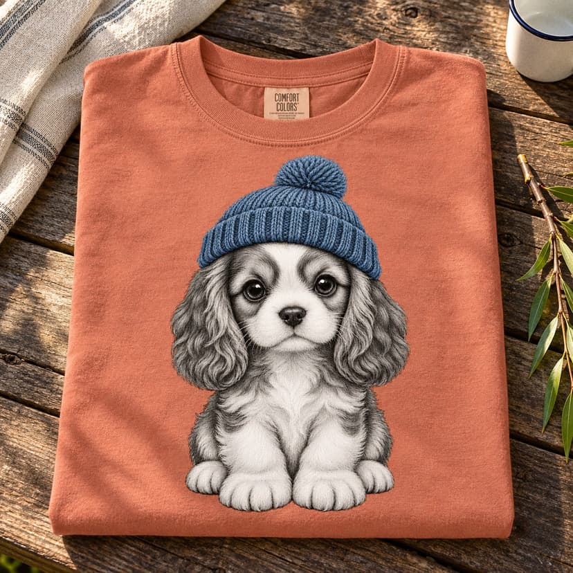 Cute Floppy-Eared Puppy Shirt, Blue Knit Beanie Dog Graphic Comfort Colors 1717 Tee, Animal Lover Gift