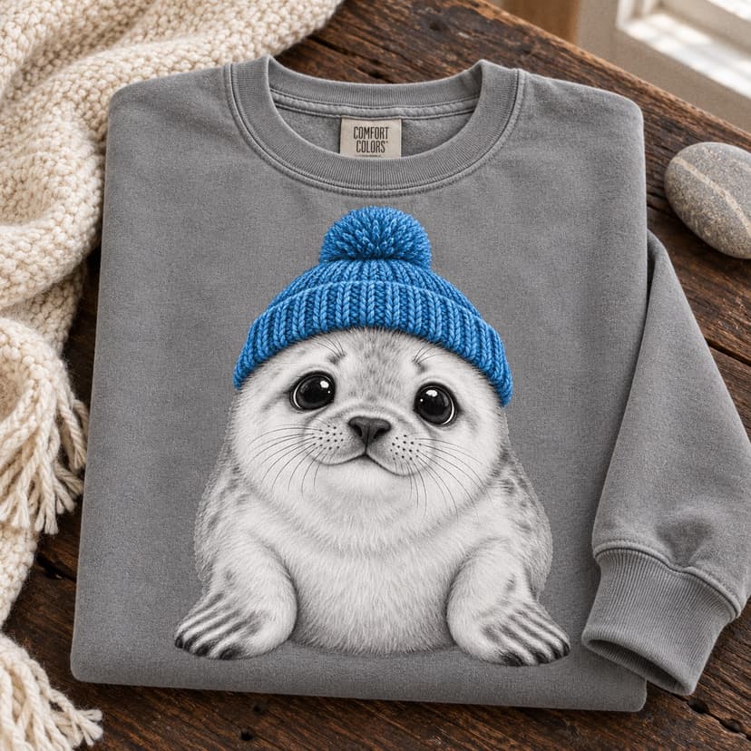 Cute Seal Pup Sweatshirt with Blue Knit Beanie, Comfort Colors 1566 Animal Graphic Crewneck, Cozy Ocean Lover Gift