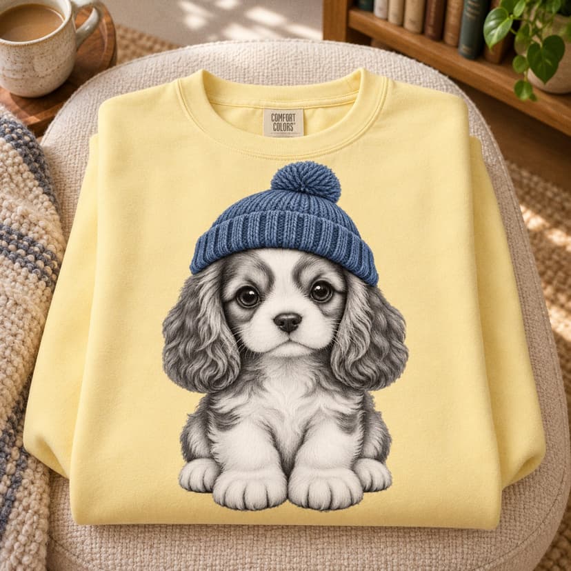 Cute Puppy Crewneck Sweatshirt, Blue Beanie Dog Graphic Comfort Colors 1566 Pullover, Animal Lover Gift