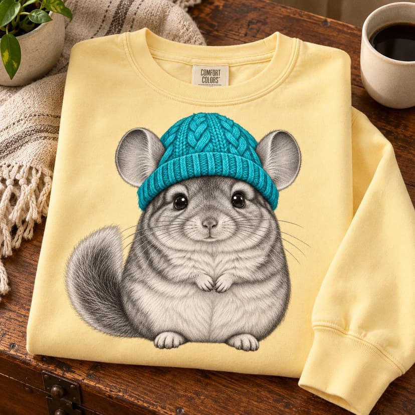 Cute Chinchilla Crewneck Sweatshirt, Turquoise Beanie Animal Graphic, Comfort Colors 1566, Chinchilla Lover Gift