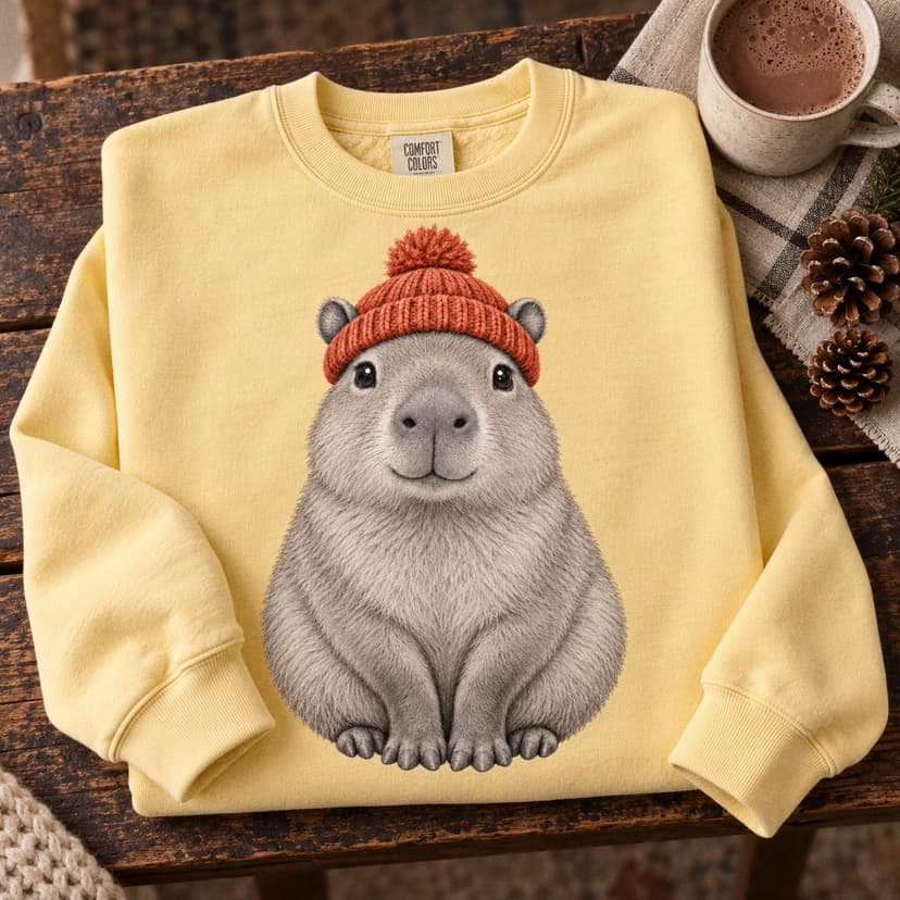Cute Capybara Beanie Sweatshirt, Monochrome Animal Crewneck, Comfort Colors 1566 Fleece, Capybara Lover Gift