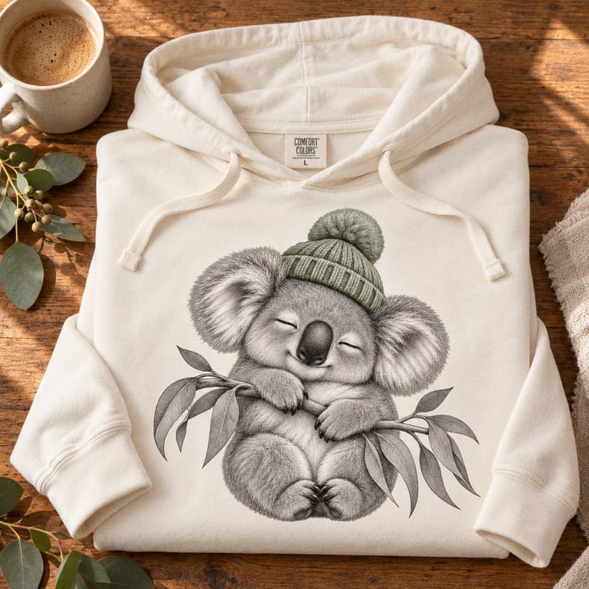 Sleeping Koala Lightweight Hoodie, Sage Pom Beanie and Eucalyptus Animal Art, Comfort Colors 1467