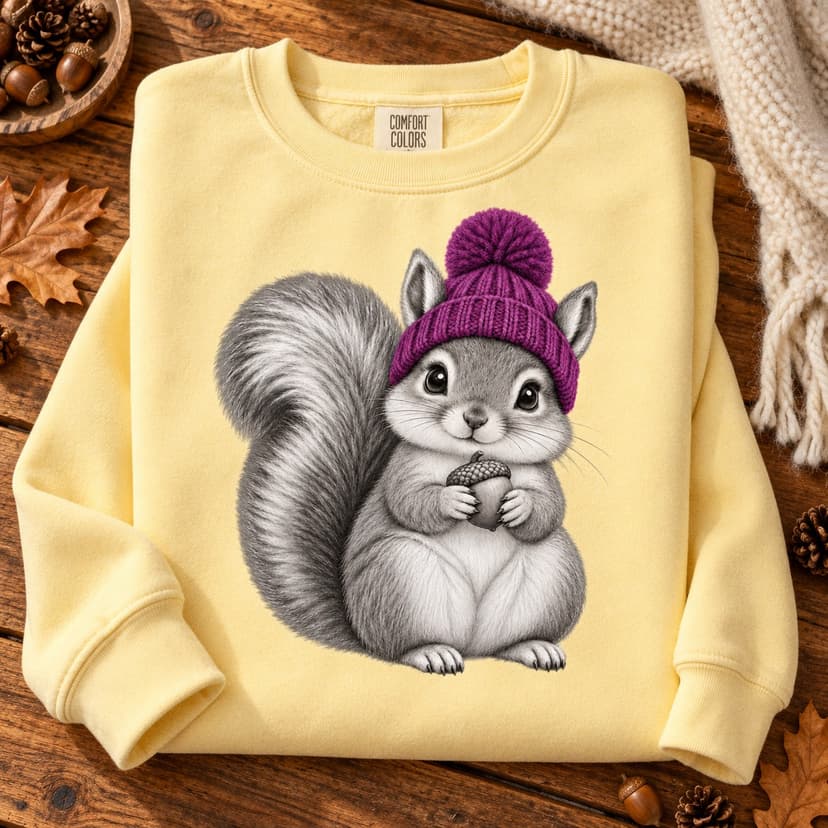 Cute Squirrel Sweatshirt, Purple Beanie Woodland Animal Crewneck, Comfort Colors 1566 Acorn Nature Lover Gift