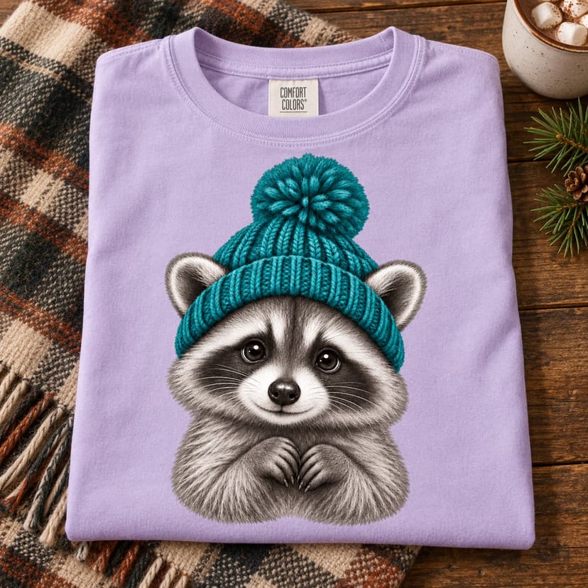 Cute Raccoon T-Shirt with Teal Pom Beanie, Comfort Colors 1717, Grayscale Woodland Animal Art Gift