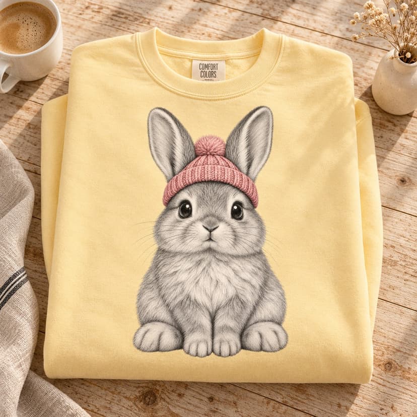 Cute Bunny Pink Beanie Sweatshirt, Fluffy Rabbit Art Comfort Colors 1566 Crewneck, Black and White Animal Graphic