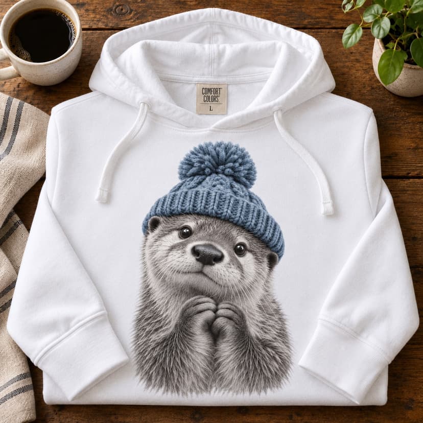 Cute Otter Beanie Hooded Tee, Comfort Colors 1467 Cotton Jersey Hoodie, Dusty Blue Hat Wildlife Graphic