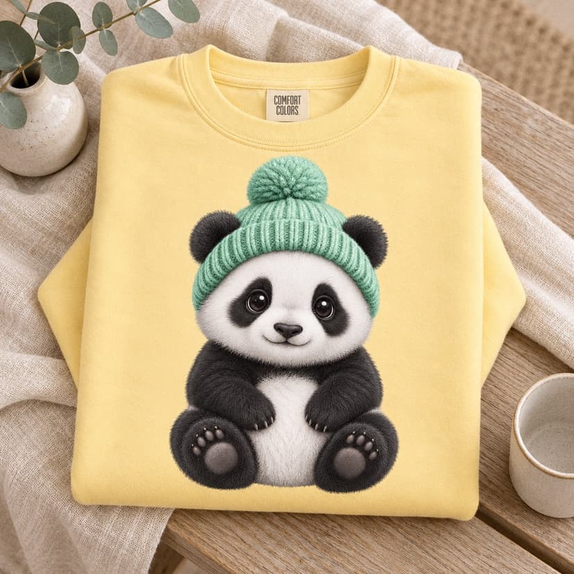Cute Panda Crewneck Sweatshirt, Mint Knit Beanie Animal Art, Comfort Colors 1566