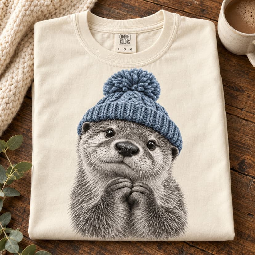 Cute Otter Beanie Shirt, Comfort Colors 1717 Graphic Tee, Black and White Wildlife Art with Dusty Blue Hat