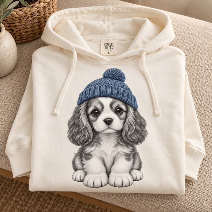 Cute Puppy Hooded Tee, Blue Knit Beanie Dog Graphic Comfort Colors 1467 Lightweight Pocketless Hoodie, Animal Lover Gift