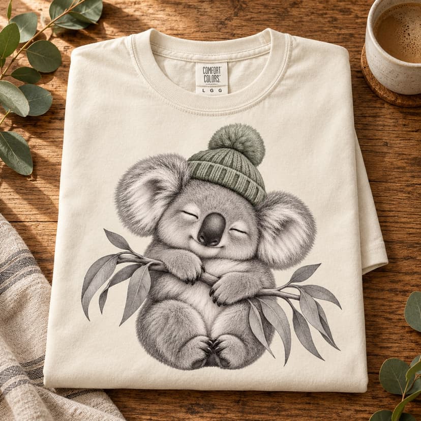 Sleeping Koala T-Shirt, Sage Pom Beanie and Eucalyptus Animal Art, Comfort Colors 1717