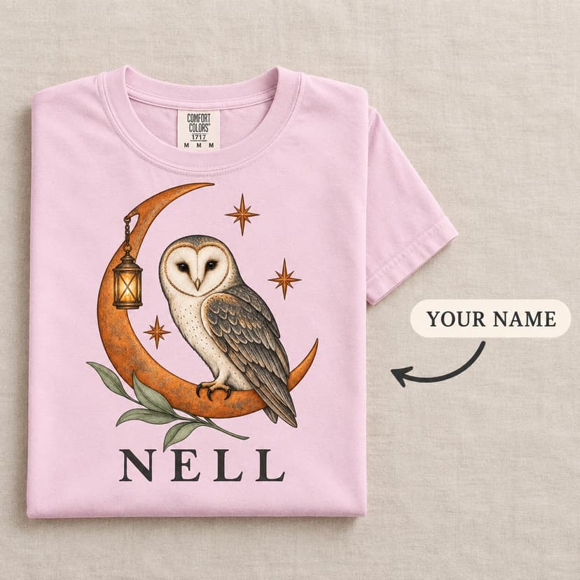 Personalized Owl Moon Shirt with Lantern Illustration and Custom Name