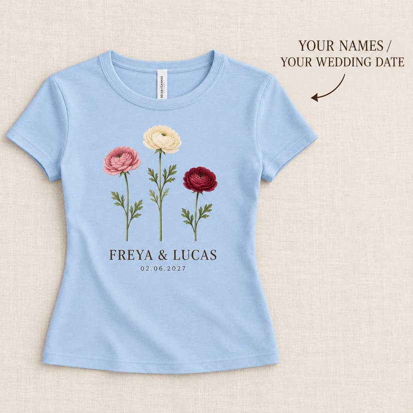 Personalized Ranunculus Bridal Fitted Tee with Couple Names and Wedding Date