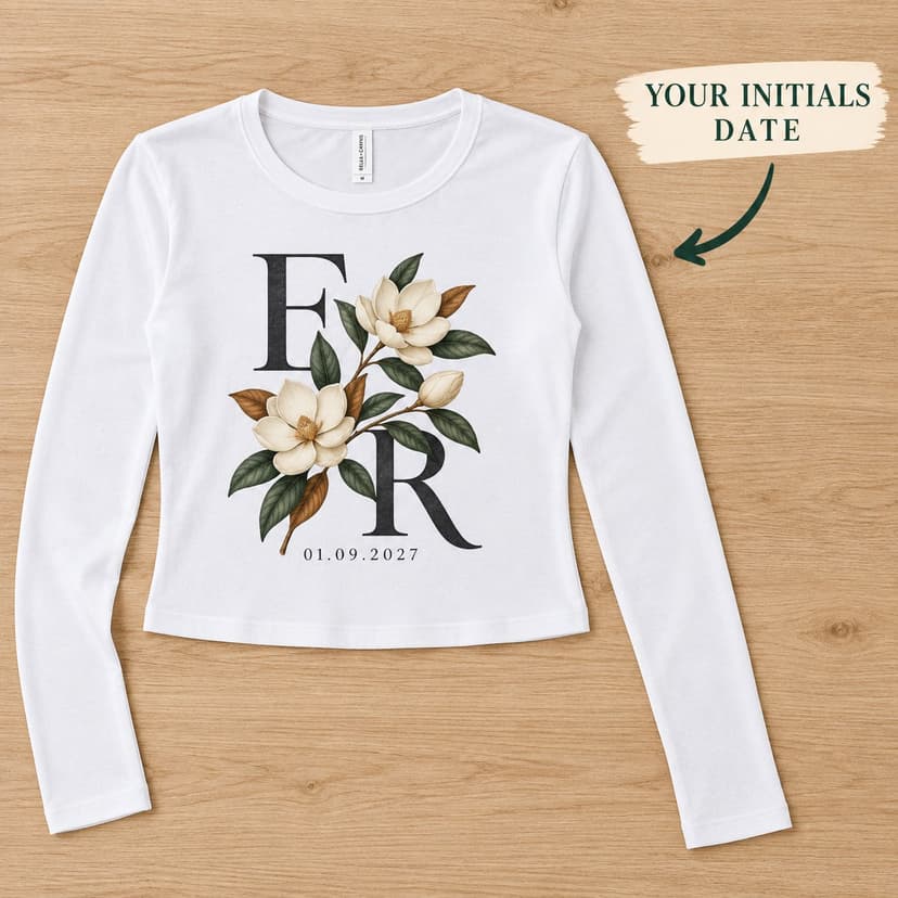 Personalized Magnolia Bridal Long Sleeve Shirt with Initials and Wedding Date