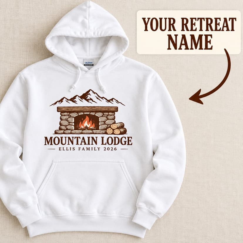 Personalized Mountain Lodge Hoodie with Hearth Illustration and Family Year