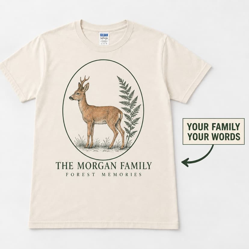 Personalized Deer T-Shirt, Forest Illustration and Custom Family Name