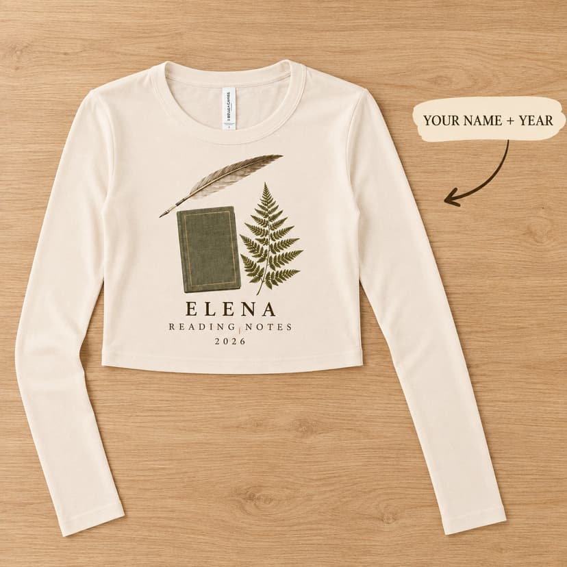Personalized Reader Long Sleeve Tee with Feather and Journal Illustration