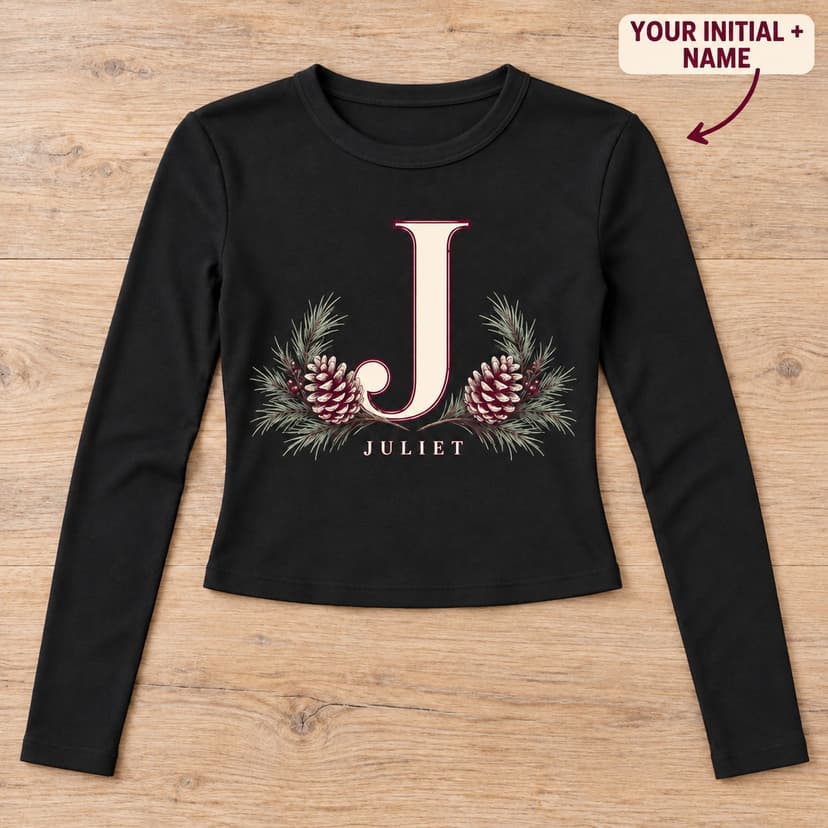 Personalized Pinecone Initial Long Sleeve Tee with Name
