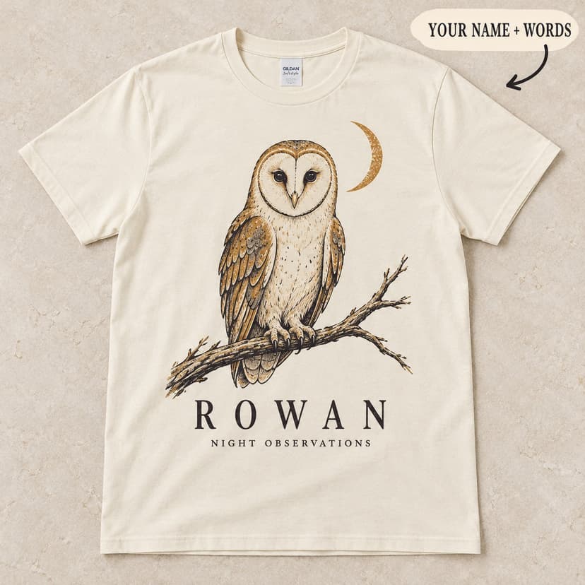 Personalized Owl T-Shirt, Moon Illustration with Custom Name and Words