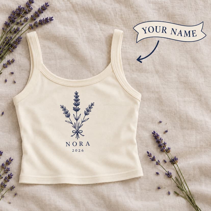 Personalized Lavender Crop Tank, Custom Name Botanical Bella Canvas Top