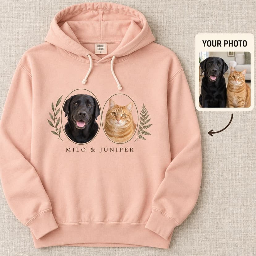 Custom Pet Photo Hoodie with Personalized Names and Botanical Artwork