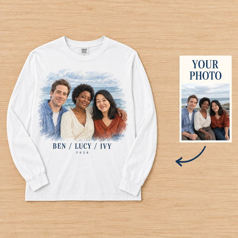Personalized Family Portrait Long Sleeve Shirt with Coastal Photo Artwork and Names