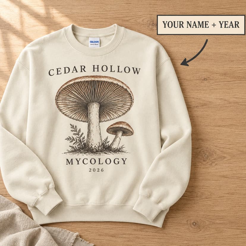 Personalized Mycology Sweatshirt, Custom Mushroom Name and Year Crewneck, Botanical Field Study Gift, Gildan 18000