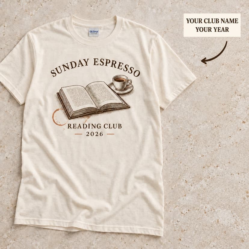 Personalized Book Club Shirt, Espresso and Open Book Illustration, Custom Club Name