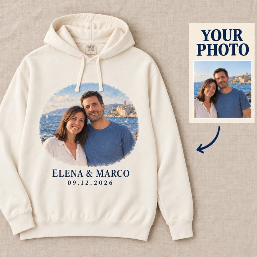 Personalized Couple Photo Hoodie with Painterly Portrait, Names and Date