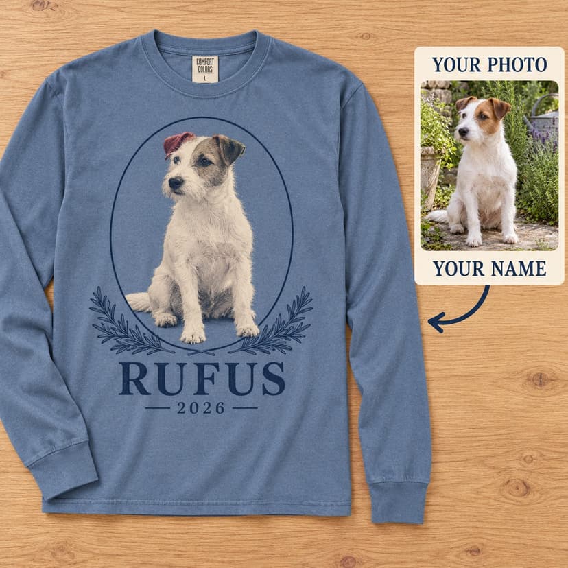 Custom Pet Portrait Long Sleeve Tee with Vintage Rosemary Frame