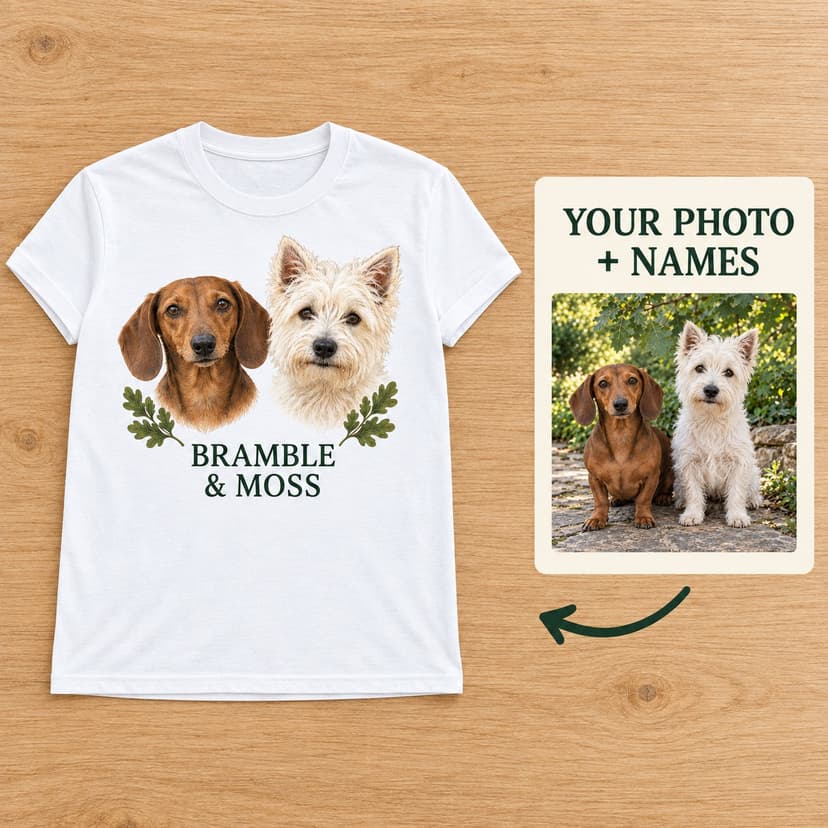 Custom Two Pet Portrait T-Shirt with Oak Leaves and Names