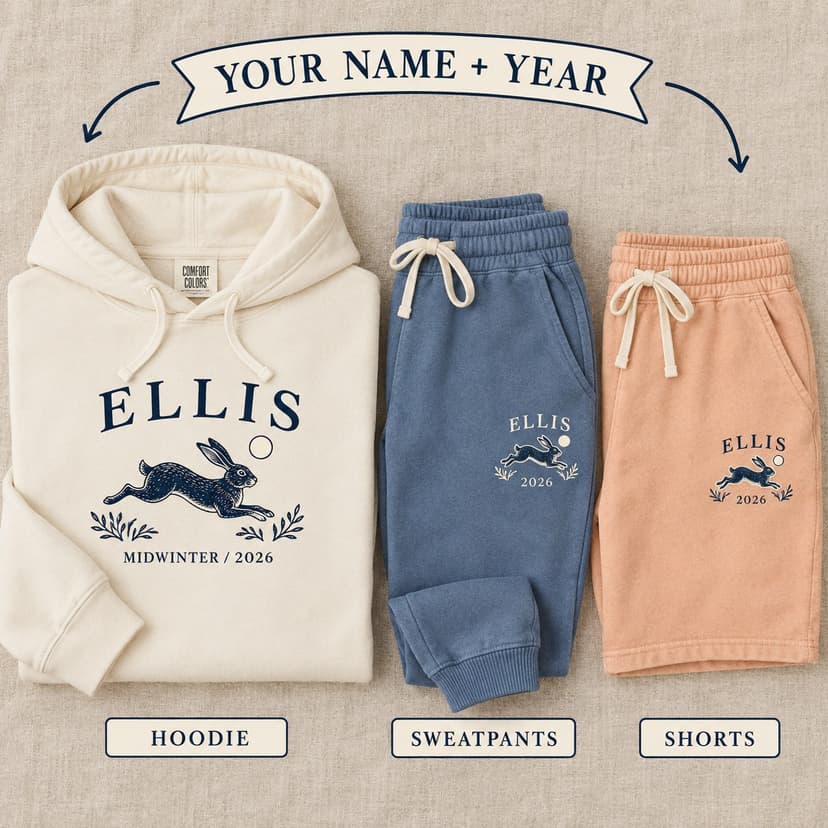 Personalized Winter Hare Loungewear, Custom Name and Year, Comfort Colors Hoodie or Set