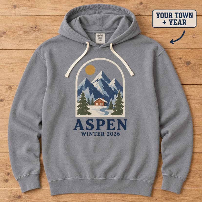Personalized Alpine Window Hoodie with Town Name and Winter Year