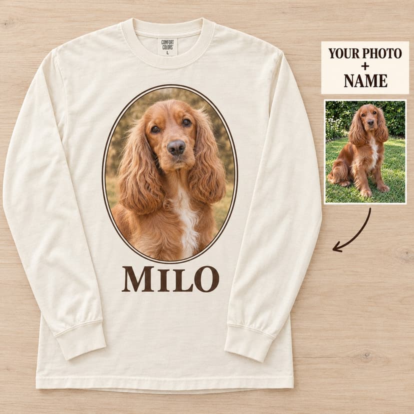 Personalized Vintage Pet Photo Long Sleeve Shirt with Custom Portrait and Name