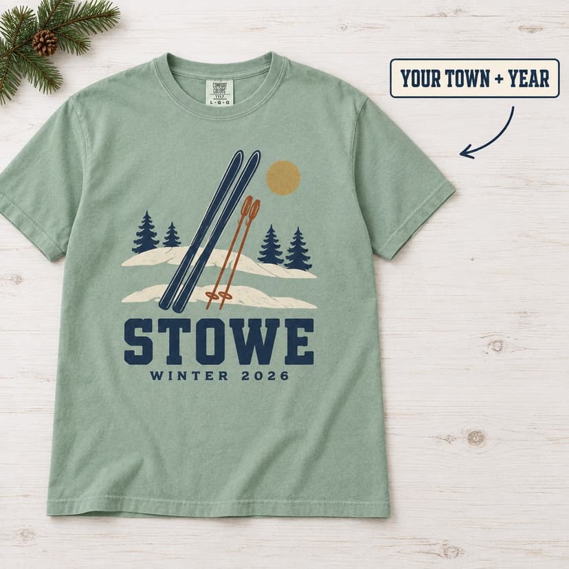 Personalized Ski Art Shirt with Town Name and Winter Trip Year