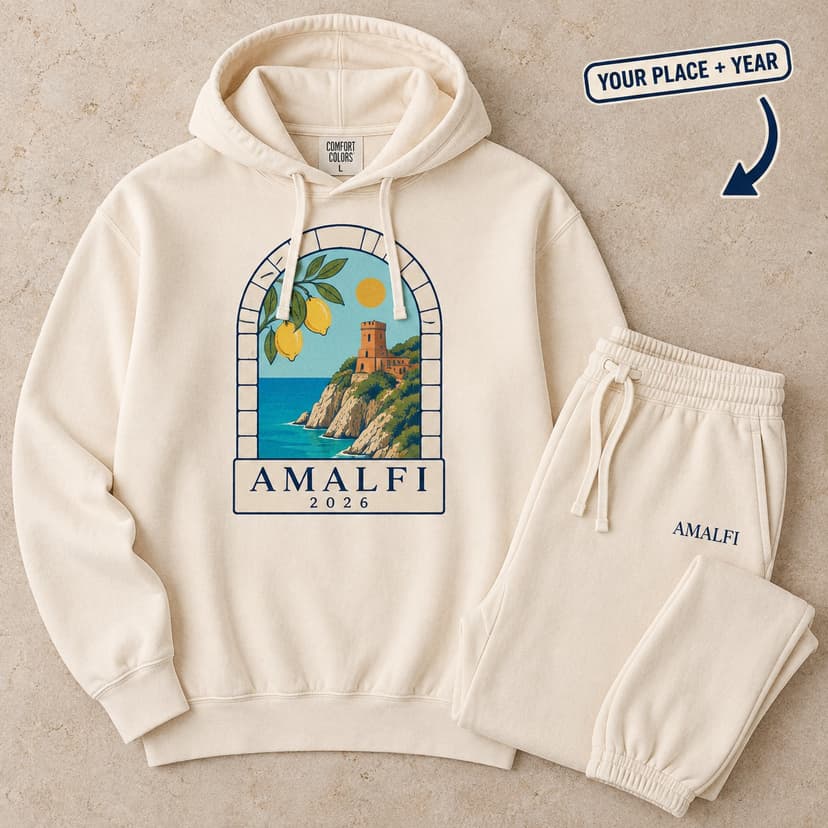 Personalized Coastal Arch Hoodie and Sweatpants Set with Caption and Year
