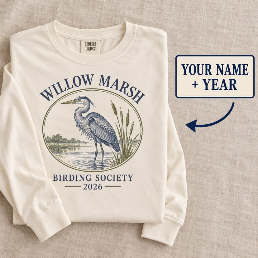 Personalized Heron Birding Shirt, Custom Group Name and Year, Comfort Colors Long Sleeve