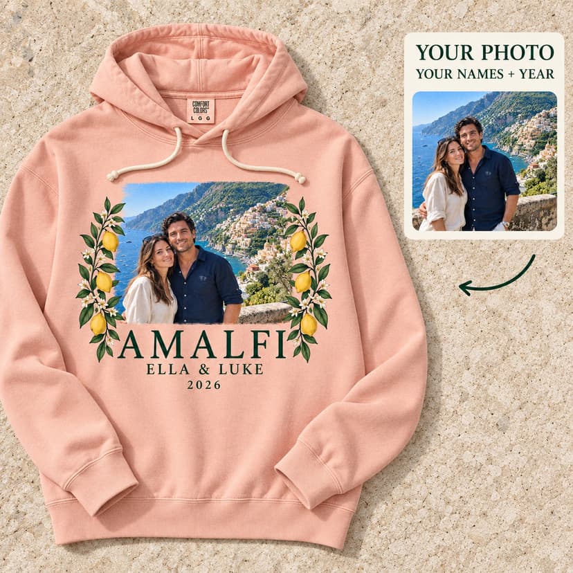 Personalized Amalfi Photo Hoodie with Lemon Frame, Names and Year