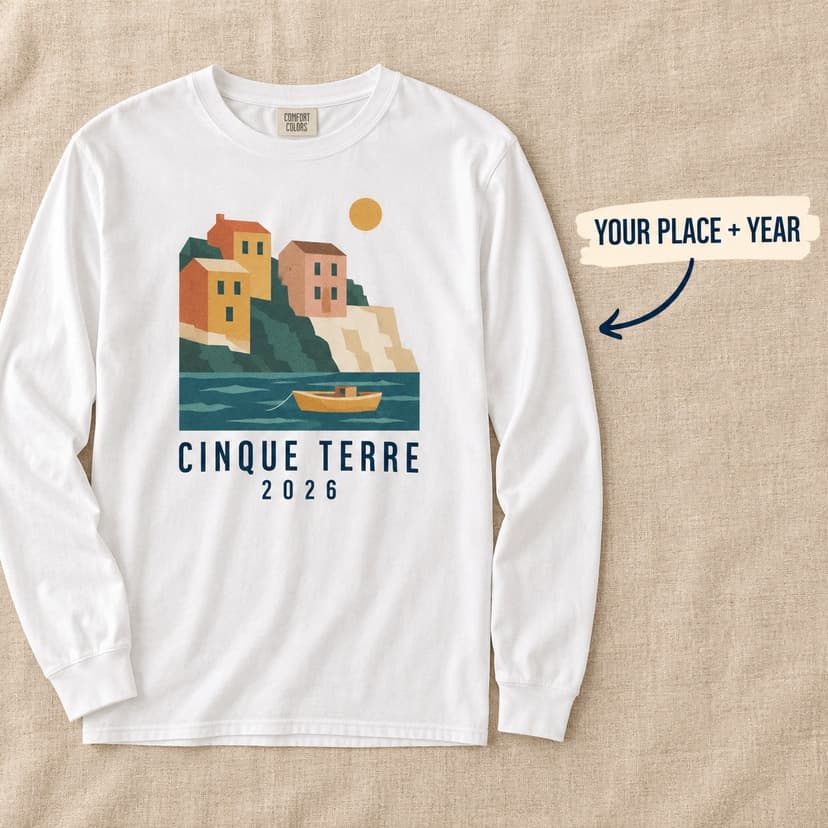Personalized Cinque Terre Harbor Long Sleeve Shirt with Caption and Year