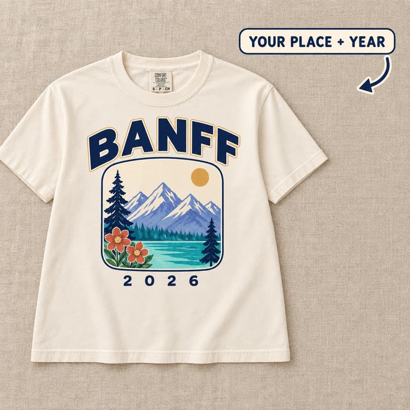 Personalized Alpine Lake Boxy Tee with Place Caption and Year